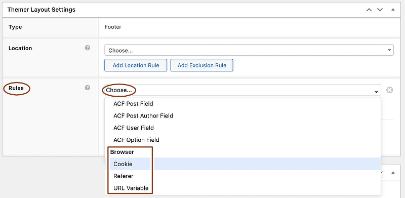 Conditional logic browser settings in the Rules section in the Themer editing screen