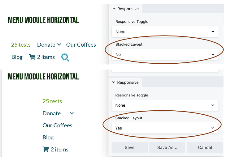 Menu module, resonsive toggle non, stacking option