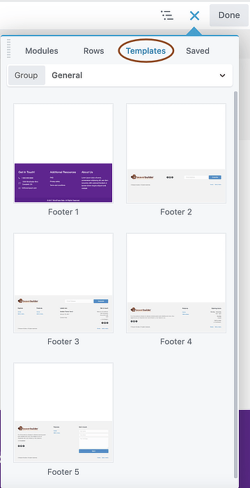 Screenshot of all Themer Footer layout templates