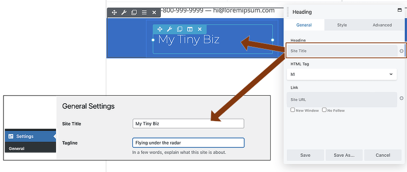 Themer Header layout template&#39;s Heading module field connection to Site Title