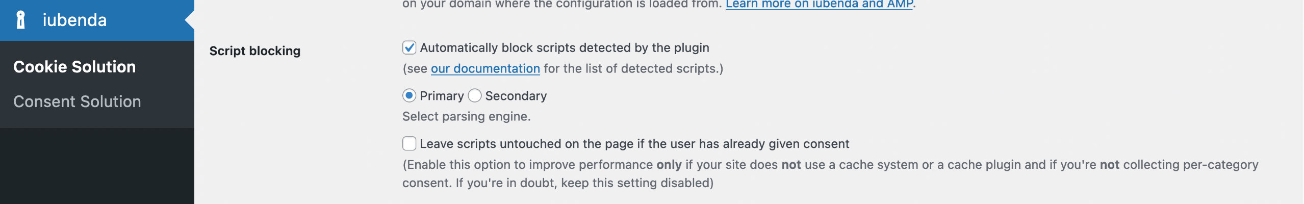 Cookie and Content Solution settings page