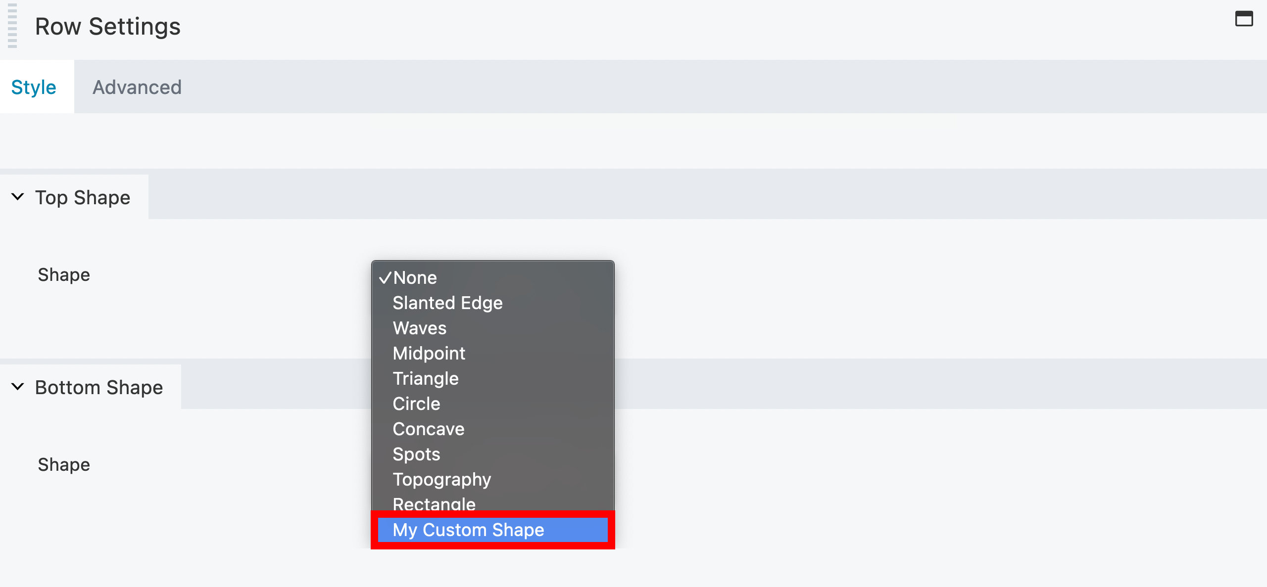 Custom Row Shape available in shape options